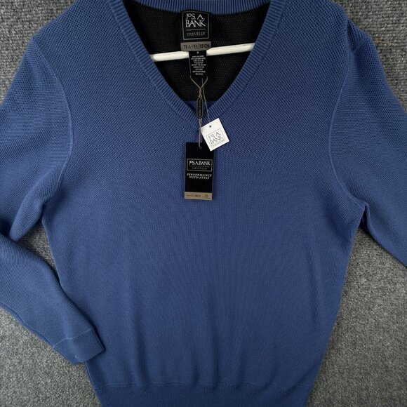 NWT JOS. A. BANK Blue V Neck Knit Sweater Medium Wool Blend Travel Tech Men - Picture 1 of 13